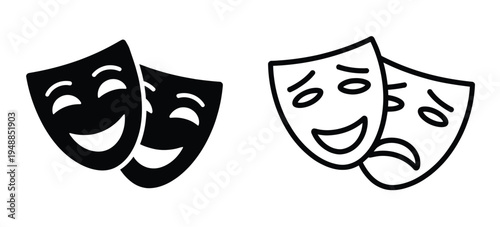 Theater masks icons set, theatrical and masquerade mask symbols, comedy and tragedy designs, stage performance, drama, acting, play, vector illustration for websites, apps, posters