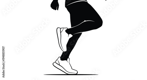 Black silhouette of a person running fast or jogging in athletic wear and sneakers against a clean white background area.