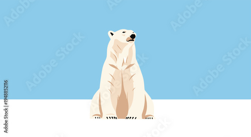 Large white polar bear sitting calmly on a flat icy surface under a clear blue sky in the cold arctic wilderness landscape.