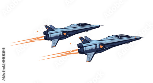 Pair of futuristic fighter jets flying at high speed with glowing engine trails against a clean white background area.