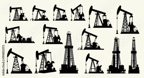 Silhouette of Oil Rigs and Pumpjacks - Energy Industry Icons.