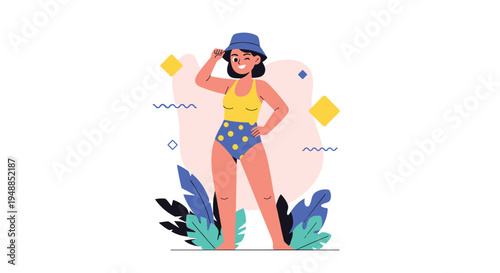 Young woman wearing a yellow top and blue polka dot swimsuit with a sun hat posing against an abstract background.