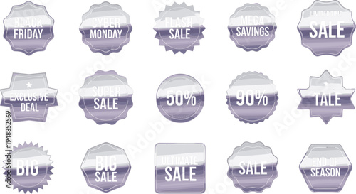 Sale and Discount Badges Set with Black Friday, Cyber Monday, Super Sale, and Percentage Discounts in Modern Style