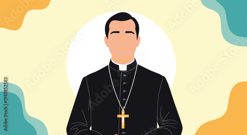 Catholic priest in black clerical clothing wearing a gold cross necklace against a colorful abstract background pattern.