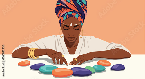 African woman wearing a traditional patterned turban looking down at a collection of colorful polished stones on a table.