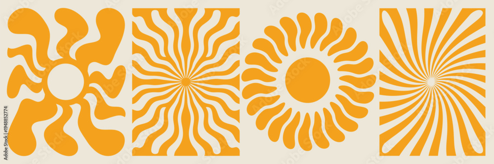 Naklejka premium A collection of four retro groovy sunburst designs featuring orange wavy rays radiating from central sun circles on beige backgrounds. 