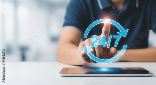 Close up of hand touching 24/7 support icon on tablet screen. Concept of non-stop service, customer care, and technical assistance in business. Modern digital help desk and online availability.