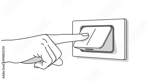 Close up black and white illustration of a human hand pressing a light switch to turn on or off the electricity in a room.