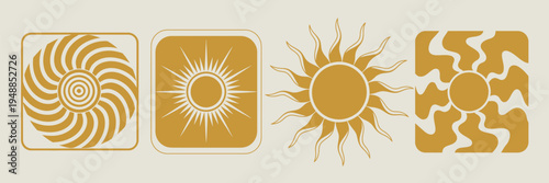  golden retro groovy sunburst designs with wavy rays radiating from central sun circles on beige backgrounds.