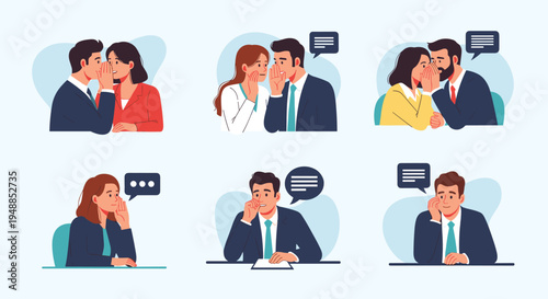 Set of illustrations showing business people whispering secrets, sharing gossip, and reacting to news in an office setting.
