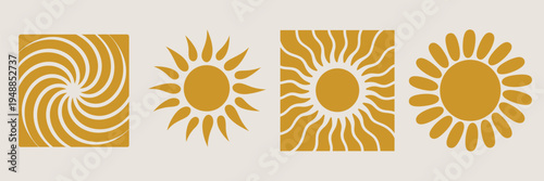 A collection of four golden retro groovy sunburst designs featuring wavy rays radiating from central sun circles on beige backgrounds.
