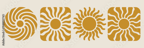 A set of four golden retro groovy sunburst designs with wavy rays radiating from central sun circles on beige backgrounds.
