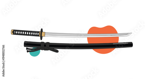 Traditional japanese katana sword with a black scabbard shown against a minimalist background with colorful abstract shapes.