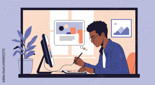 Digital artist using a stylus pen and graphics tablet to create illustrations on a large computer monitor in a home office.