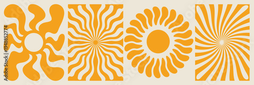 A collection of four retro groovy sunburst designs featuring orange wavy rays radiating from central sun circles on beige backgrounds.
