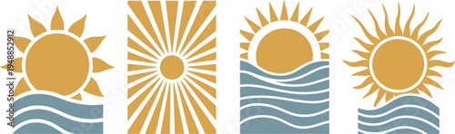  vertical vector banners featuring abstract sun and ocean wave illustrations in a modern retro bohemian sunburst design style.
