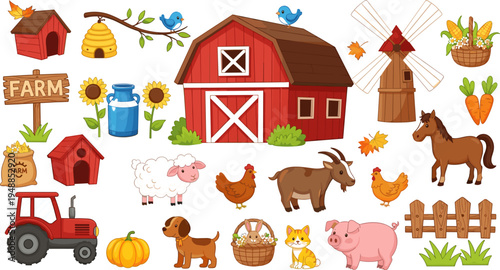 Farmyard Illustration Set with Red Barn, Animals, Tractor, Crops, and Fall Elements in Vibrant Colors