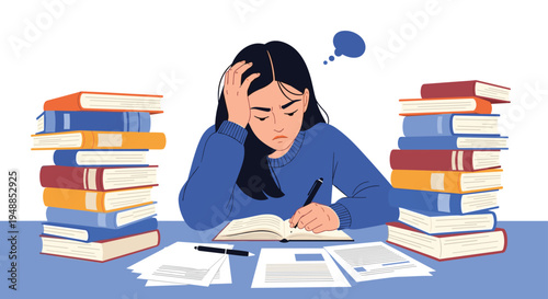 Stressed young woman student sitting at a desk surrounded by tall stacks of books while trying to study and take notes.