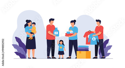 Group of volunteers organizing and donating clothes, food, and supplies to people in need during a charity community event.