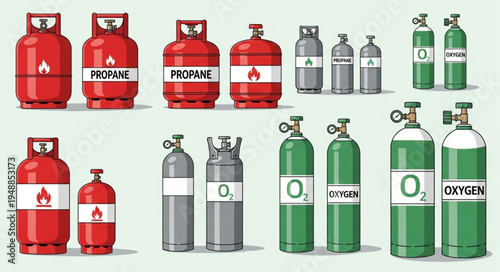 Various Gas Cylinders - Propane, Oxygen, and Industrial Gases for Diverse Applications.
