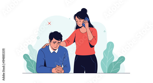 Compassionate woman comforting a sad and upset man by placing a hand on his shoulder while talking on her phone.
