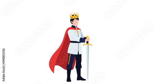 Illustration of a young prince or king wearing a gold crown and a red cape standing heroically while holding a sword.