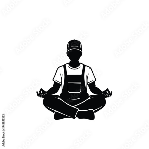 Handyman silhouette meditating in lotus pose wearing overalls symbol