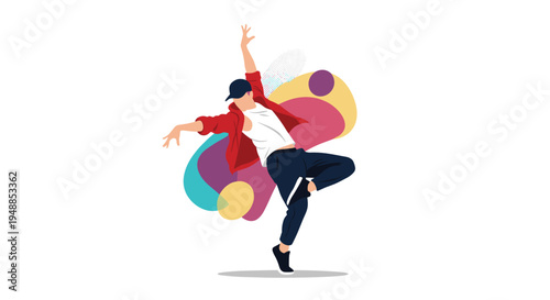 Dynamic illustration of a hip hop dancer performing a move against a background of colorful abstract shapes and dots.