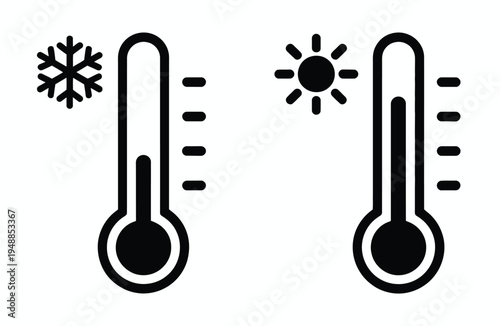 Temperature icons vector set, thermometer symbols, cold and hot indicators, weather, climate, heat, frost, degrees, thermometer gauge, seasonal and scientific vector illustrations for apps, websites, 