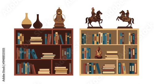 Two elegant bookshelves filled with various books, vases, and historical warrior statues on top for interior decoration.