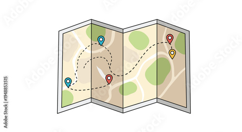 Illustration of a folded paper travel map with a dotted path connecting several colorful location pin markers.
