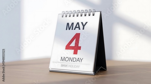 Desk calendar with May 4th Monday bank holiday displayed on a wooden surface