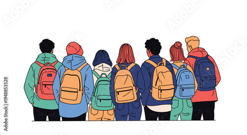 Group of diverse young students standing together with their backs to the camera wearing colorful backpacks for school.