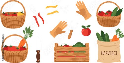 Harvest Tools and Vegetables Icon Set with Baskets, Pruning Shears, Gloves, and Fresh Produce for Gardeners