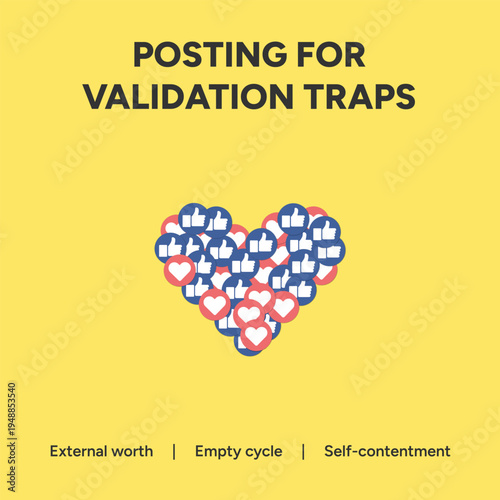 Social media addiction concept graphic illustration showing a heart formed by like and love reaction icons representing the pursuit of external validation online
