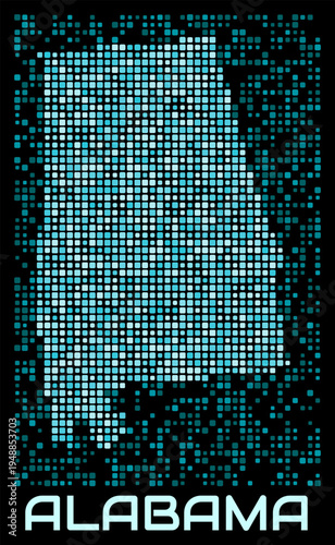Alabama, United States digital dotted map. Shape of the state in cyan color palette on dark background. Futuristic Alabama, United States map design. Vector illustration.
