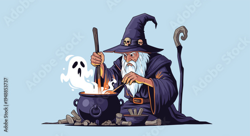Powerful old wizard wearing a pointed hat stirring a bubbling potion in a large cauldron while a ghost rises up.