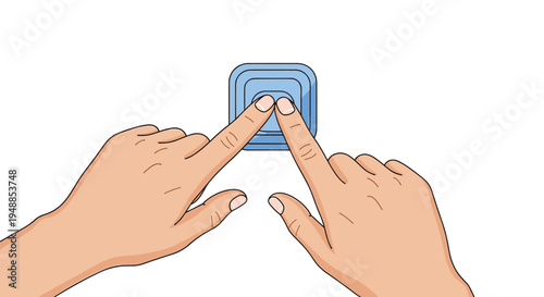 Close up of two human hands using index fingers to simultaneously press a large blue square button on a white surface.