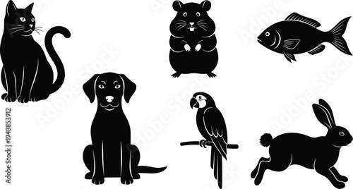 Collection of animal and pet silhouettes including cat, dog, rabbit, parrot, hamster and fish icons for wildlife and domestic design
