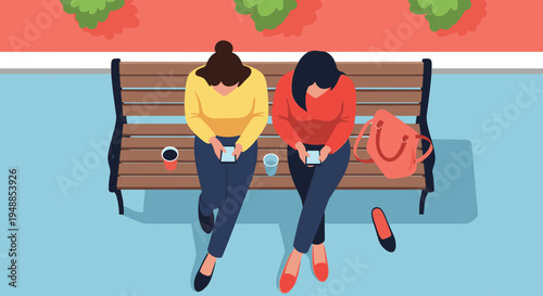 High angle view of two young women sitting together on a wooden park bench while distracted by their mobile phones.