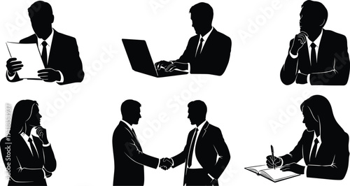 Collection of business people silhouettes with laptop work, phone call, handshake agreement, document reading and writing notes for corporate office concept