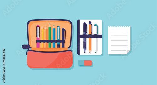 Organized collection of school and office supplies including a colorful pencil case with pens and a small notepad.