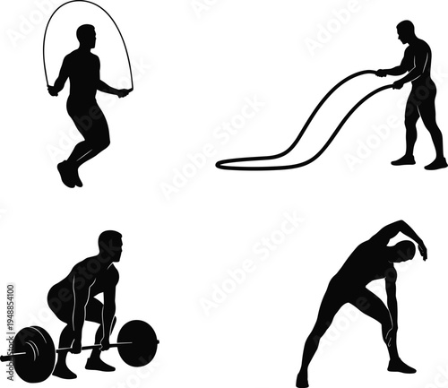 Collection of fitness workout silhouettes with athletes performing jump rope, battle rope, barbell deadlift and stretching exercises for gym training design