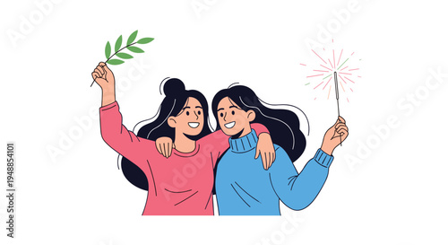 Two happy female friends hugging each other while celebrating with a lit sparkler and a green olive branch in their hands.