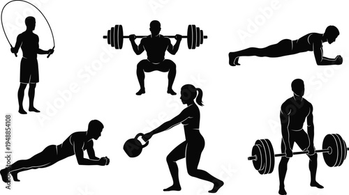 Collection of fitness workout silhouettes with athletes performing jump rope, barbell squat, deadlift, plank and kettlebell exercises for gym training design