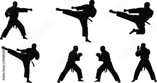 Collection of karate martial arts silhouettes showing fighters performing kicks, punches and combat stances, martial arts training vector set isolated on white background