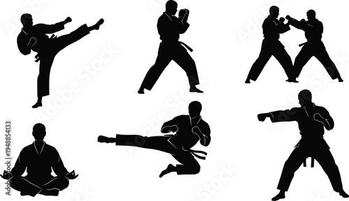Collection of karate martial arts silhouettes showing fighters performing kicks, punches, sparring combat and meditation pose for sports training design