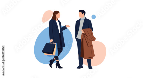Stylish man and woman standing together and having a conversation while holding several luxury shopping bags in a city.
