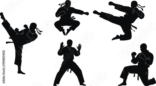 Collection of karate martial arts silhouettes with fighters performing high kicks, punches, jumping attacks and combat stances for sports training design