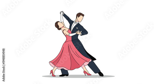 Elegant couple performing a professional ballroom dance with the woman in a pink dress and the man in a black tuxedo.